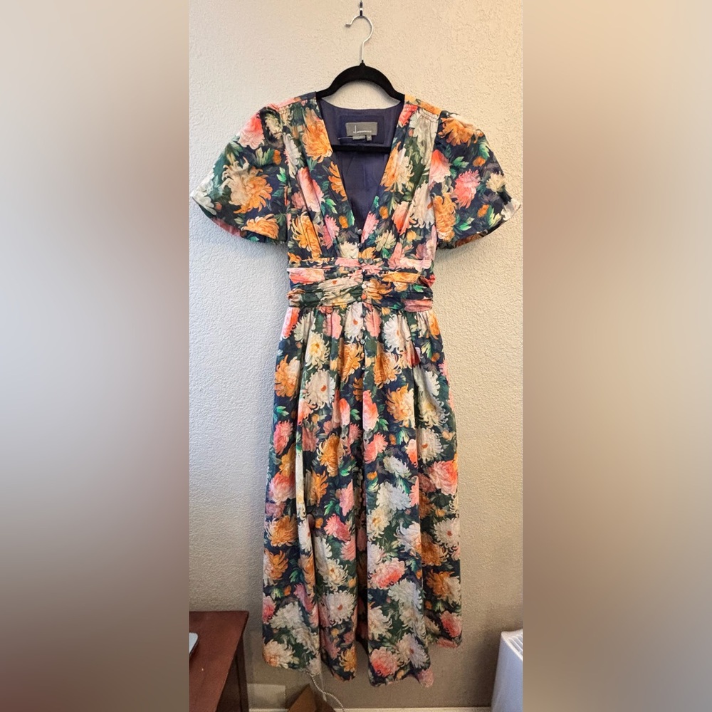 Anthropologie Green Floral V-Neck Maxi Dress with Pink & Yellow Blooms